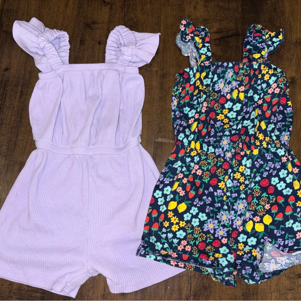 Old Navy Lavender Ribbed Romper & Navy Floral Romper Set